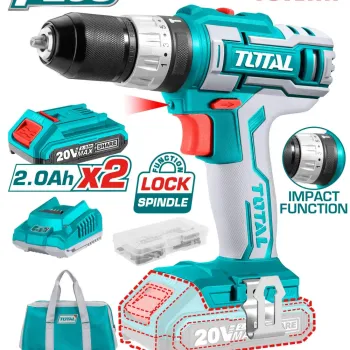 توتال TIDLI2002 شنيور 2بطاريه دقاق 20فولت 45نيوتن 10مم ظرف اتوماتيك لمبه ليد-لمبة شحن + 50قطعة اكسسوار + شنطه قماش