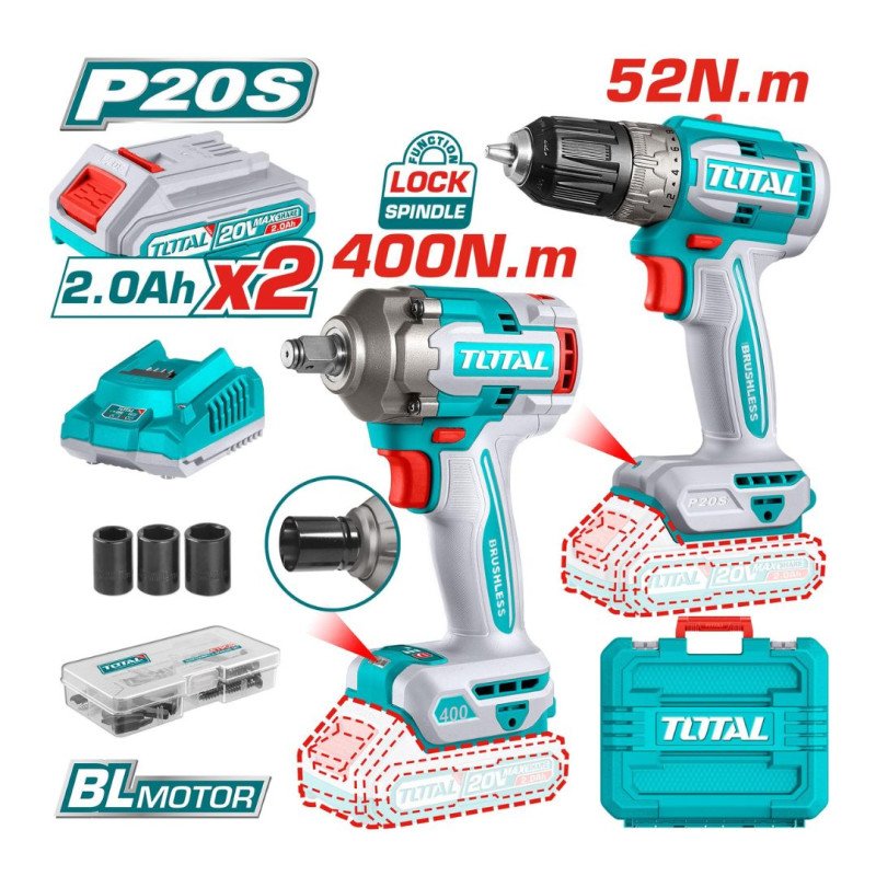 توتال TCKLI20271 طقم كومبو امباكت دريل ½  بوصة 400 نيوتن و شنيور بطارية 20 فولت 52 نيوتن