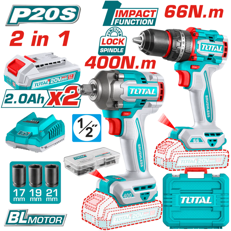 توتال TCKLI20275 طقم كومبو 20 فولت شنيور 66 نيوتن مع دريل 400 نيوتن  ½ بوصة