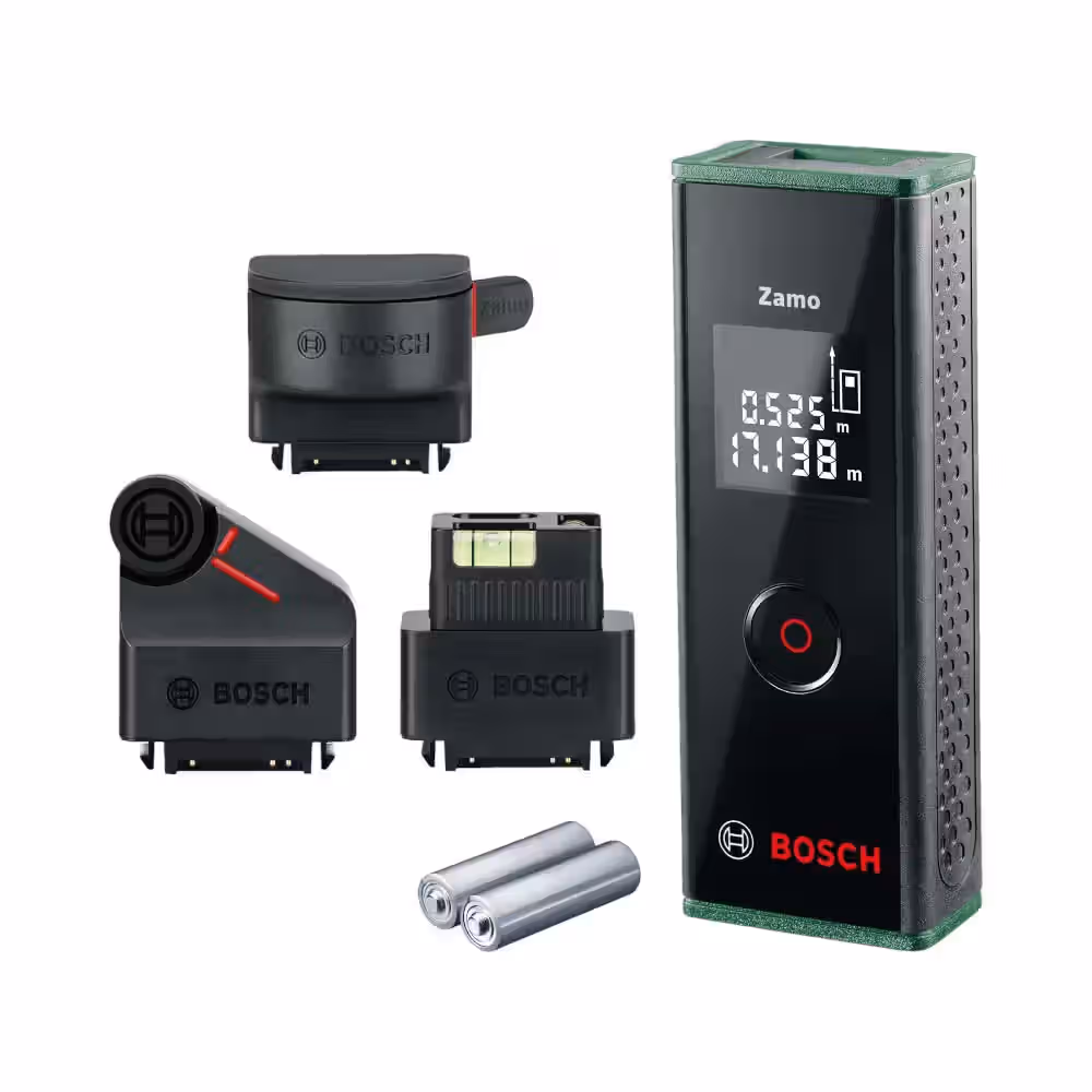 بوش Zamo 3 set جهاز قياس مسافات حتى 20 متر مع امكانيه تواجد شريط قياس ديجيتال +ادابتر عجله لقياس الانحرافات والدواير + ادابتر لخط الليزر